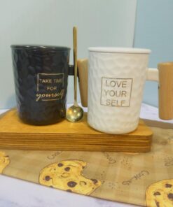 ست ماگ سرامیکی دسته چوبی قاشق استیل کد 1811