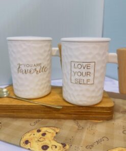 ست ماگ سرامیکی دسته چوبی قاشق استیل کد 1811