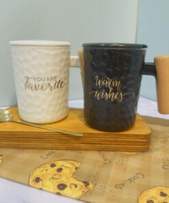 ست ماگ سرامیکی دسته چوبی قاشق استیل کد 1811