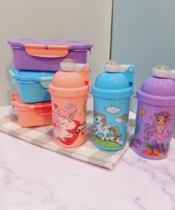 ست ظرف غذا و قمقمه نی دارطرح یونیکورنی کودک سه رنگ کد 1743