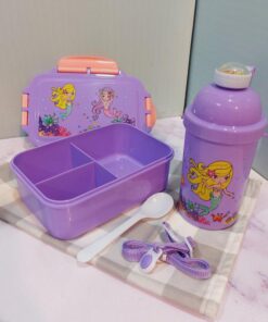 ست ظرف غذا و قمقمه نی دارطرح یونیکورنی کودک سه رنگ کد 1743