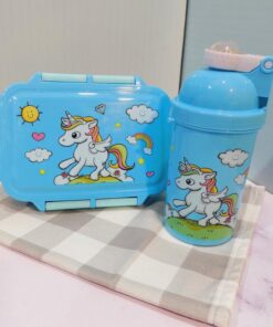 ست ظرف غذا و قمقمه نی دارطرح یونیکورنی کودک سه رنگ کد 1743