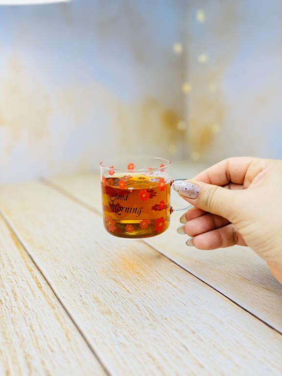 شات قهوه پیرکس گرد گل قرمز دسته دار کد 2935