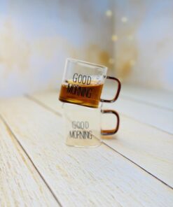 شات قهوه پیرکس مربعی دسته رنگی GOOD MORNING کد 2936