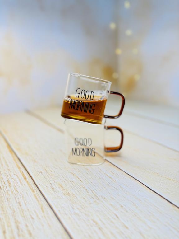 شات قهوه پیرکس مربعی دسته رنگی GOOD MORNING کد 2936