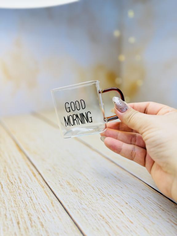 شات قهوه پیرکس مربعی دسته رنگی GOOD MORNING کد 2936