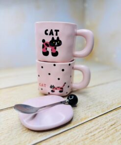 ماگ سرامیکی مربع صورتی خال دار و گربه cat کد 2958