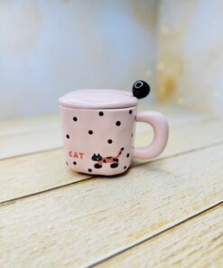 ماگ سرامیکی مربع صورتی خال دار و گربه cat کد 2958