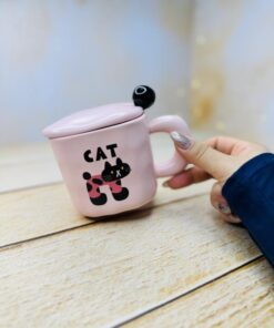 ماگ سرامیکی مربع صورتی خال دار و گربه cat کد 2958