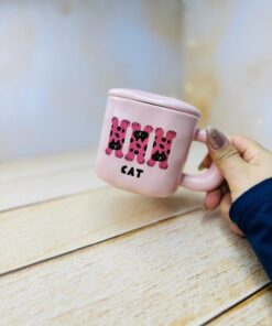 ماگ سرامیکی مربع صورتی خال دار و گربه cat کد 2958